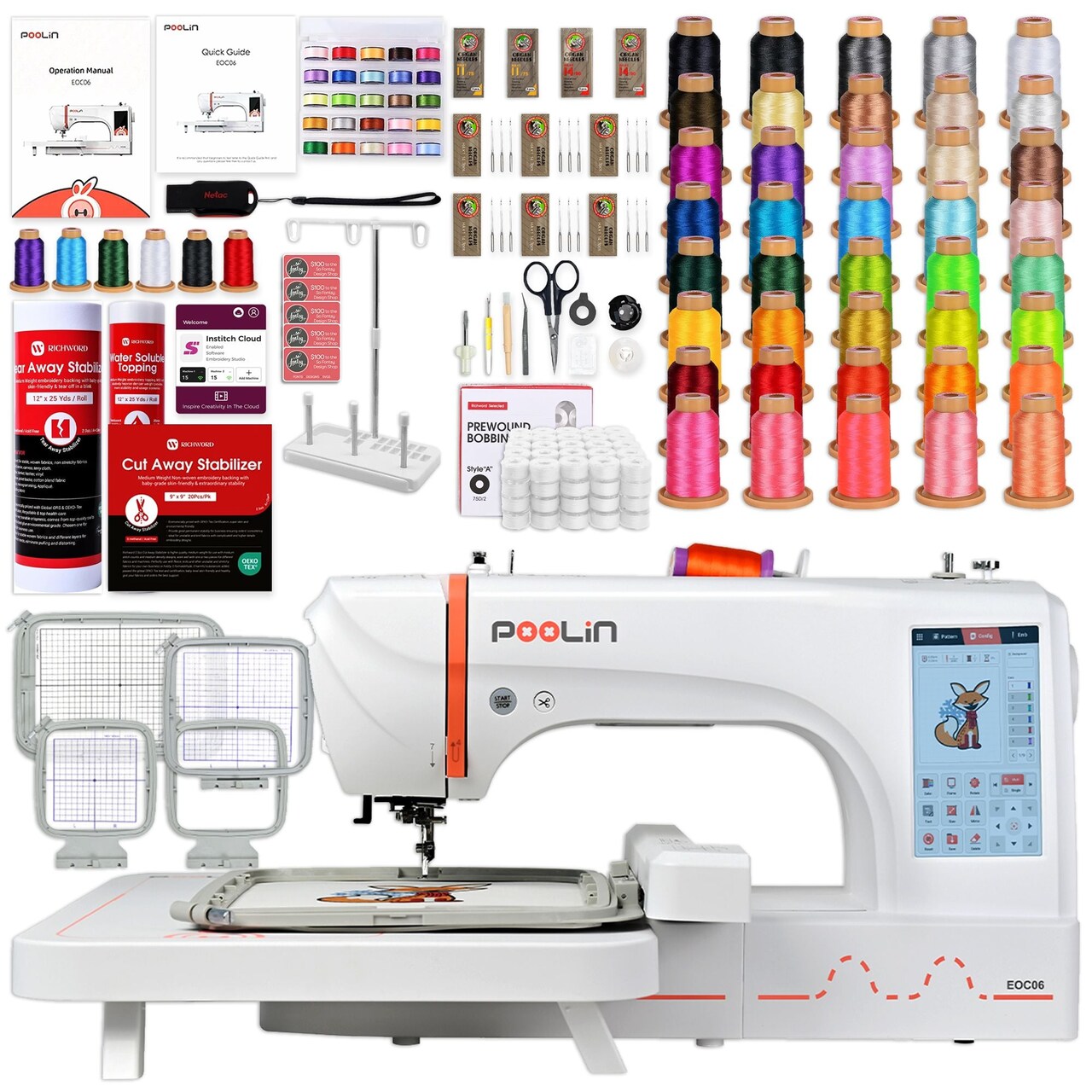 POOLIN EOC06 7.9in x 11in Embroidery Machine with Deluxe Accessory Bundle